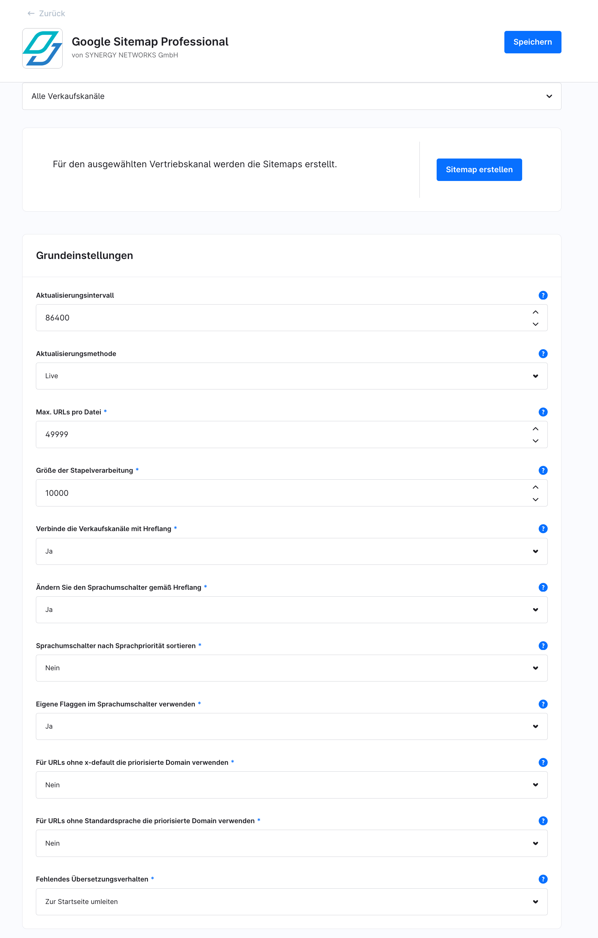 Paramètres de base du plugin avec méthode de mise à jour, intervalle de mise à jour et nombre maximal d’URL par fichier