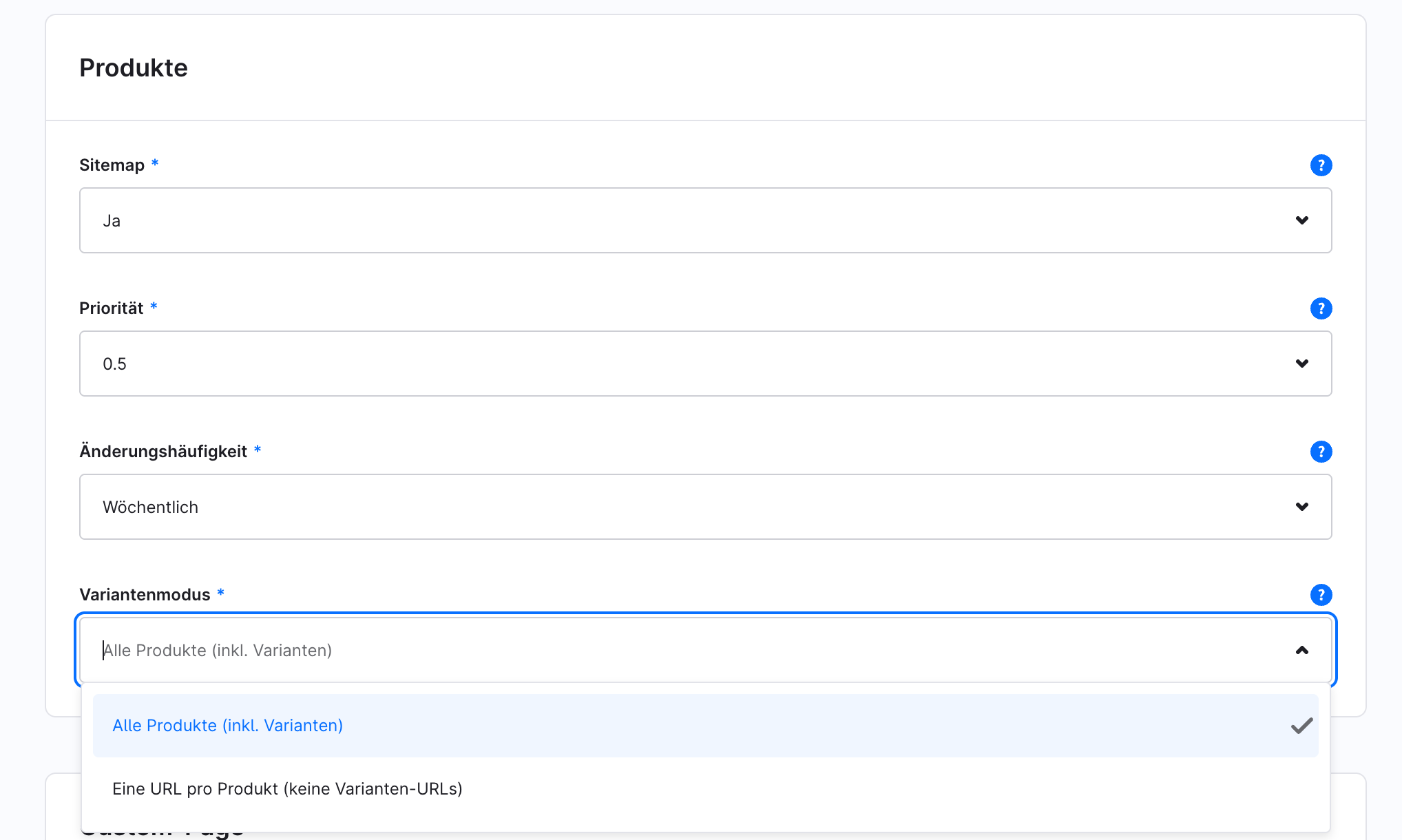 Sélection du mode de variantes dans la configuration du plugin : tous les produits, variantes comprises, ou une URL par produit