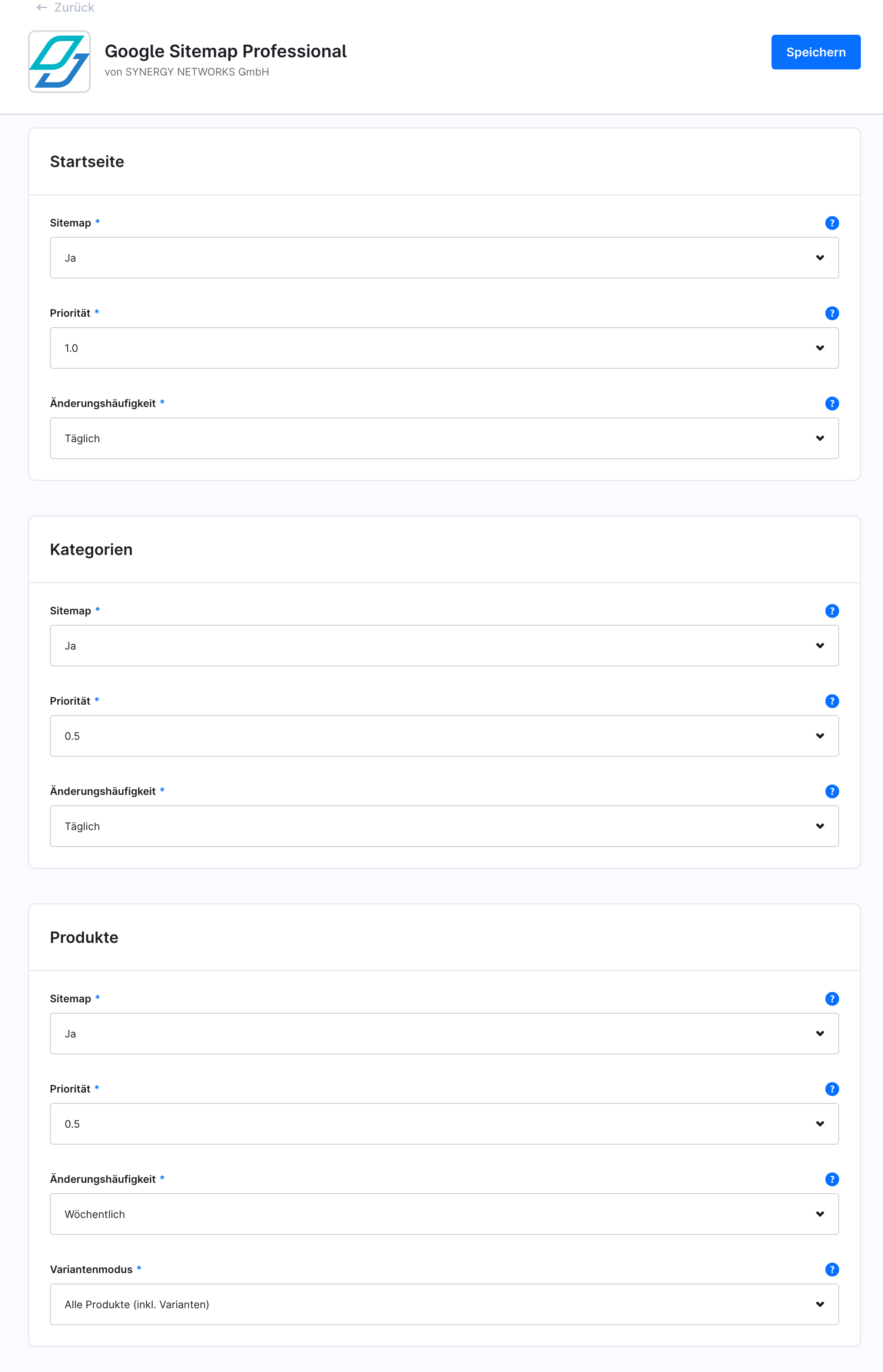 Paramètres du sitemap par type de contenu dans la configuration du plugin : page d’accueil, catégories et produits avec priorité et fréquence de modification